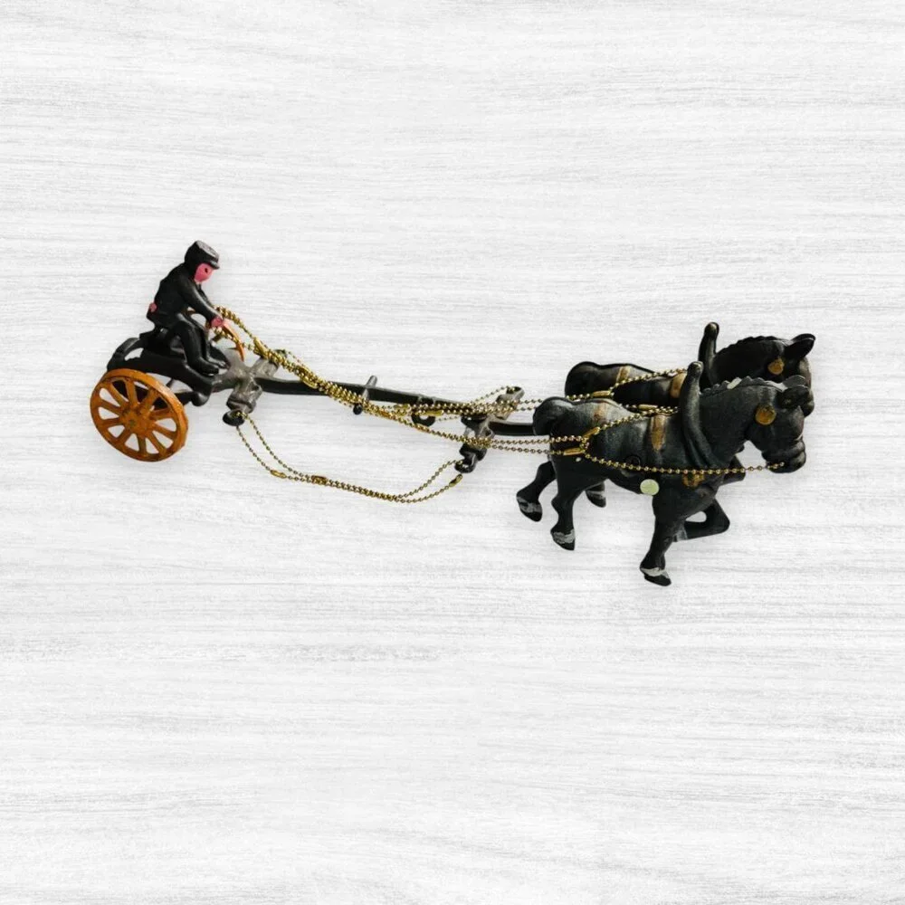 Reproduction Cast Iron Horse Drawn Carriage Toy Black Horses & Driver Vintage